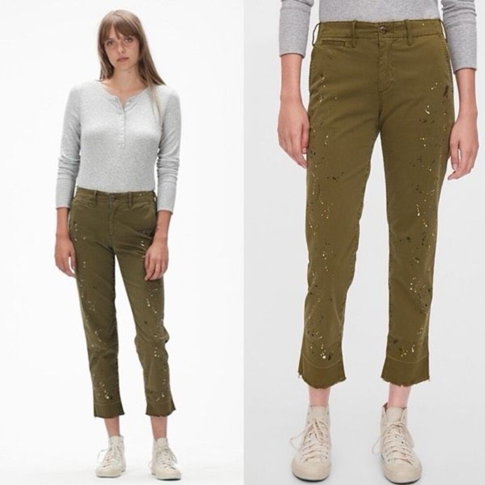 NWT GAP Women's Straight Leg Khaki High Rise Splatter Pants Oak Moss Size 6